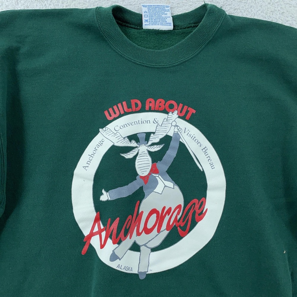 Vintage Anchorage Alaska Sweatshirt Mens‎ Medium Green Crewneck USA 90s Moose